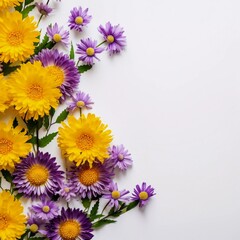 Top view of yellow and purple asters on white background with copy space, Ai generator