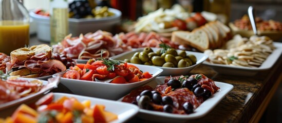 Gourmet buffet featuring Italian cold meats, antipasti, tapas, wine, salmon sandwiches, and olives. - obrazy, fototapety, plakaty
