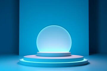 3d rendering of minimal geometric forms. Glossy luxury podium for your design in blue and green colors, Minimal scene with podium and abstract background. Pastel blue - obrazy, fototapety, plakaty