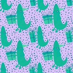 Birthday party seamless crocodile and gift box pattern for wrapping paper and fabrics and kids print and festive