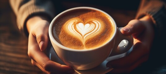 A person holding a cup of coffee with a heart shaped latte. Generative AI.