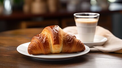  a croissant sitting on a plate next to a cup of coffee on a table with a napkin on it. - obrazy, fototapety, plakaty