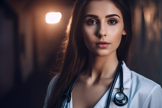 Friendly Attractive Nurse, Compassionate Healthcare Professional, Welcoming Medical Staff, Copy space. Generative AI.