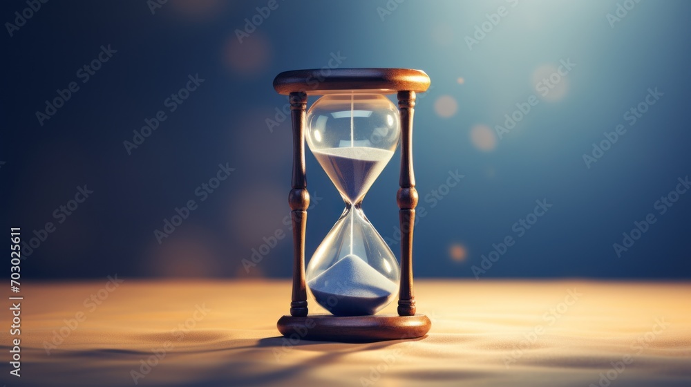 Poster an hourglass sitting on a table with a cross in the middle of the hour and a light shining on it.
