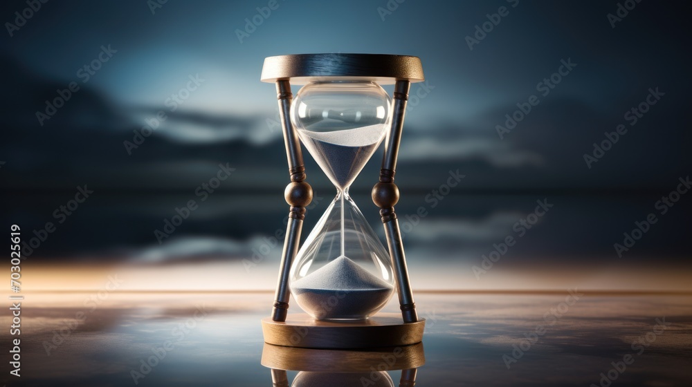 Poster an hourglass sitting on top of a table in front of a sky with clouds and a dark sky in the backgroun
