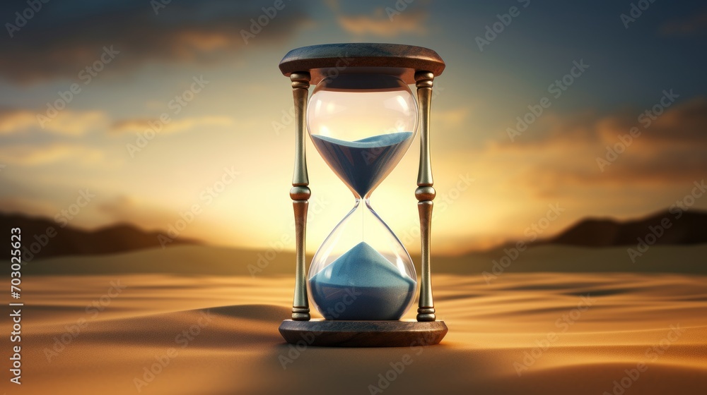 Poster an hourglass sitting in the middle of a desert with the sun setting in the background and clouds in 