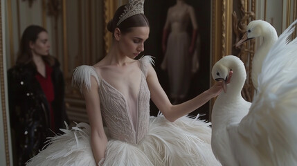 Graceful ballerina in a sumptuous white feathered costume gentle caresses a white swan in the backstage. Swan Song: Elegance in Motion. - obrazy, fototapety, plakaty