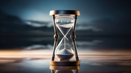  an hourglass sitting on top of a table in front of a sky with clouds and a dark sky in the background.