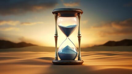  an hourglass sitting in the middle of a desert with the sun setting in the background and clouds in the sky.