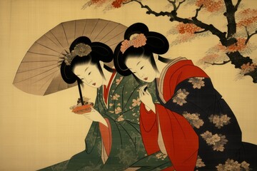japanese art female, edo period - obrazy, fototapety, plakaty