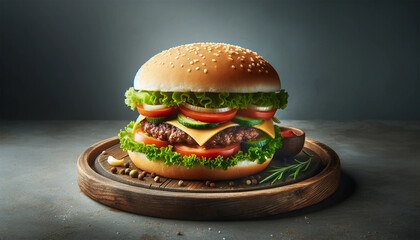 A homemade hamburger on a wooden plate set against a gray background.
