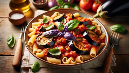 A dish of vegetarian pasta with eggplant and tomato sauce.