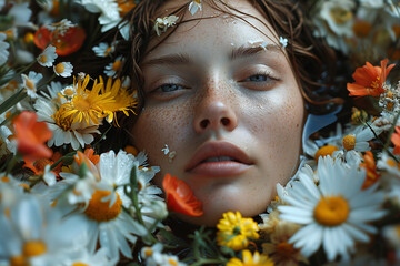 Close-up portrait of a young woman with blue eyes and freckles on her nose and cheeks, surrounded by a vibrant mix of flowers. Natural beauty and intimate connection with nature. Spring concept.