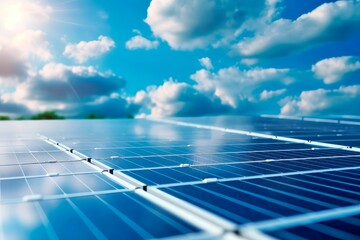 solar panel with sunlight and blue sky background. concept clean energy power in nature - obrazy, fototapety, plakaty