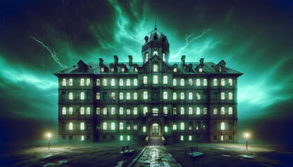 A psychiatric hospital from the outside at night, displaying its decaying and desolate architecture.