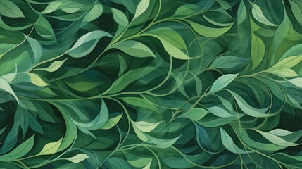  a painting of a green leafy plant with lots of green leaves on the top and bottom of the image.
