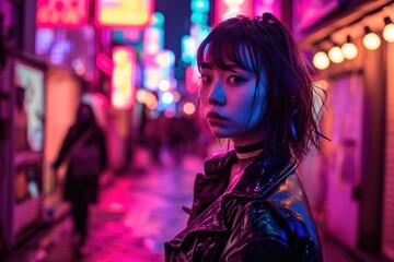 Model in a futuristic cyberpunk outfit in a neon-lit urban Tokyo street.