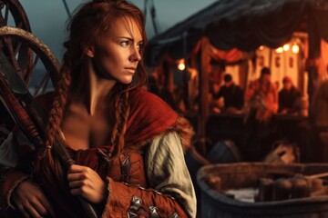 Fototapeta na wymiar Bold female viking: a glimpse into the fierce world of Nordic shieldmaidens, showcasing strength, bravery, and the untold stories of Viking warrior women in the pages of history and myth.