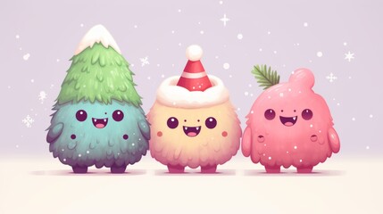 Cute Christmas Monsters Cartoon, characters standing in a line, Monsters wearing Xmas hats, costumes, winter, snow, minimalist comic illustration