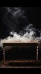 Mystical Display  Black Background with an Empty Wooden Table and Rising Smoke, Ideal for Product Showcases