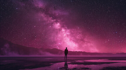 Pink space scape. Small silhouette of a human on the galaxy background of the starry sky. Concept of infinity of the universe.