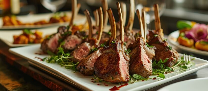 Catered cocktail hour featuring gourmet lamb chop appetizers served by a dressed server.