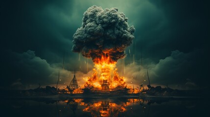 explosion with fire and smoke on a black background, illustrating powerful destruction or sudden disaster
