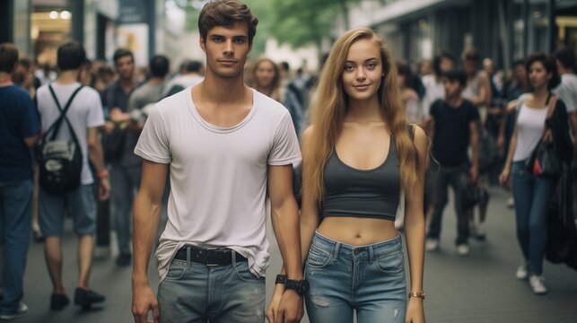 Portrait of a couple in the city, two soulmates wearing denim jeans, alter ego, eternal love, young people, a man and a woman smiling, teenagers holding hands happy together walking in the crowd