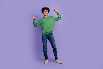 Full length photo of confident funky man dressed green sweater showing thumbs himself isolated...