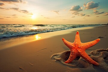 Fototapeta na wymiar starfish on the beach Starfish on summer sunny beach at ocean background. Travel, vacation concepts