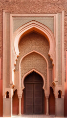 Fototapeta na wymiar Detail of Islamic Mosque. It is an old architectural building in the middle of the Moroccan city. There are red bricks.