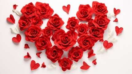 Floral Heart. Red roses arranged in heart shape on white background. Ideal for Valentines Day, anniversaries, or romantic occasions.
