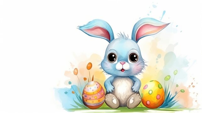 Blue Watercolor cute bunny with Easter eggs, on white background, with watercolor splashes and stains. Banner with copy space. Ideal for Easter greetings or childrens content.