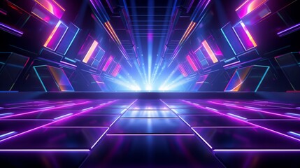 Vibrant and colorful stage with bright lights and a futuristic design. Concert stage with neon...
