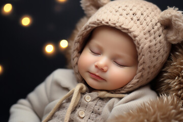 cute funny pretty beautiful happy baby child toddler boy girl sleeping in bedroom daughter son, toy calm sweet dream young parents care childhood comfortable teddy asleep pillow.