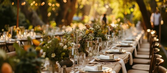 Outdoor tables adorned for a wedding. - obrazy, fototapety, plakaty