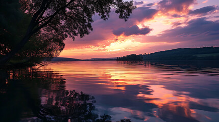 Fototapeta na wymiar Vibrant Sunset Over a Serene Lake