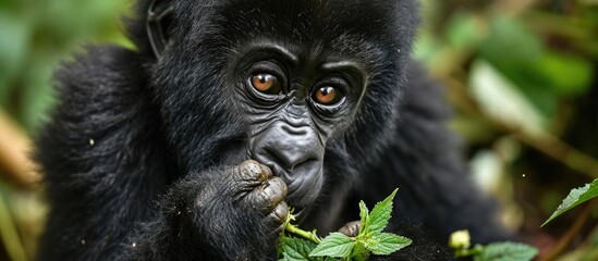 Young gorilla in Rwanda eating and making eye contact with the camera.