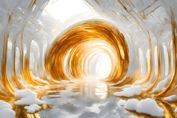A golden portal amidst a liquidskycolor and white dreamscape.