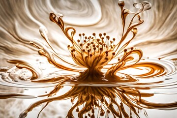Golden swirls dancing atop a flower and white liquid canvas - obrazy, fototapety, plakaty