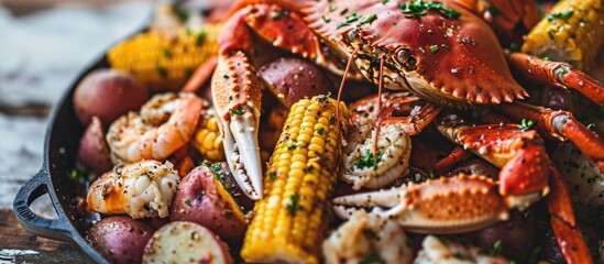 Southern garlic crab seafood boil with Alaskan crab legs, new potatoes, corn, and shrimp platter. - obrazy, fototapety, plakaty