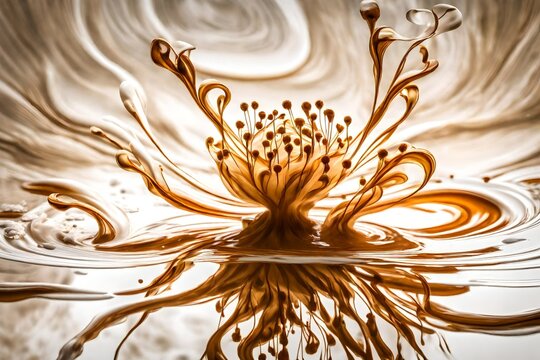 Golden swirls dancing atop a flower and white liquid canvas