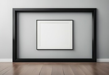 Blank black over size horizontal picture frame with smaller artwork frame inside on a grey wall in a gallery or room close up