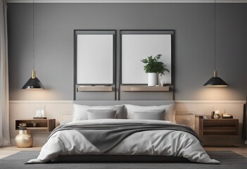 Two different size blank poster mock up on the wall of bedroom background