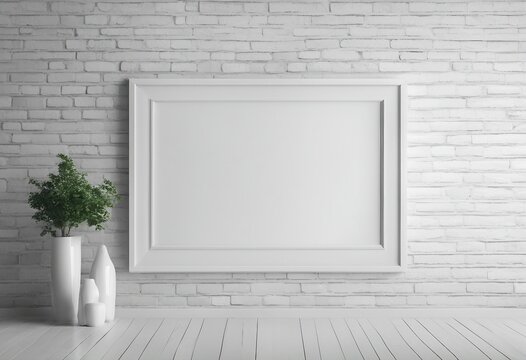 Blank white horizontal picture frame on the white brick wall