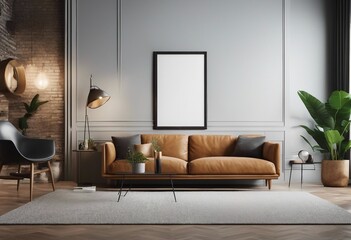 Mock-up poster frame in hipster 3D interior with brown sofa