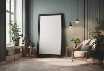 3D render interior background Modern room with poster frame mockup