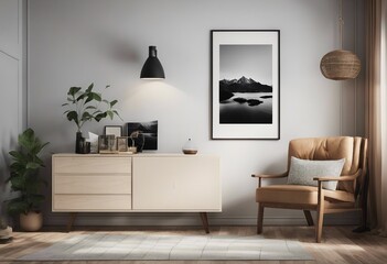 Scandinavian-style 3D interior background with image frame mockup