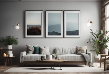 Fototapeta na wymiar Three mockup frames in Scandinavian style room interior