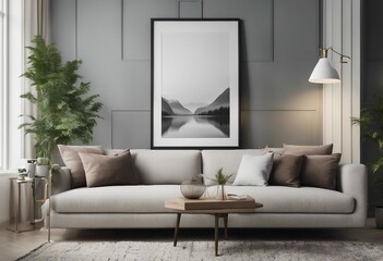 Modern interior background in Scandinavian-style Living room with poster frame mockup 